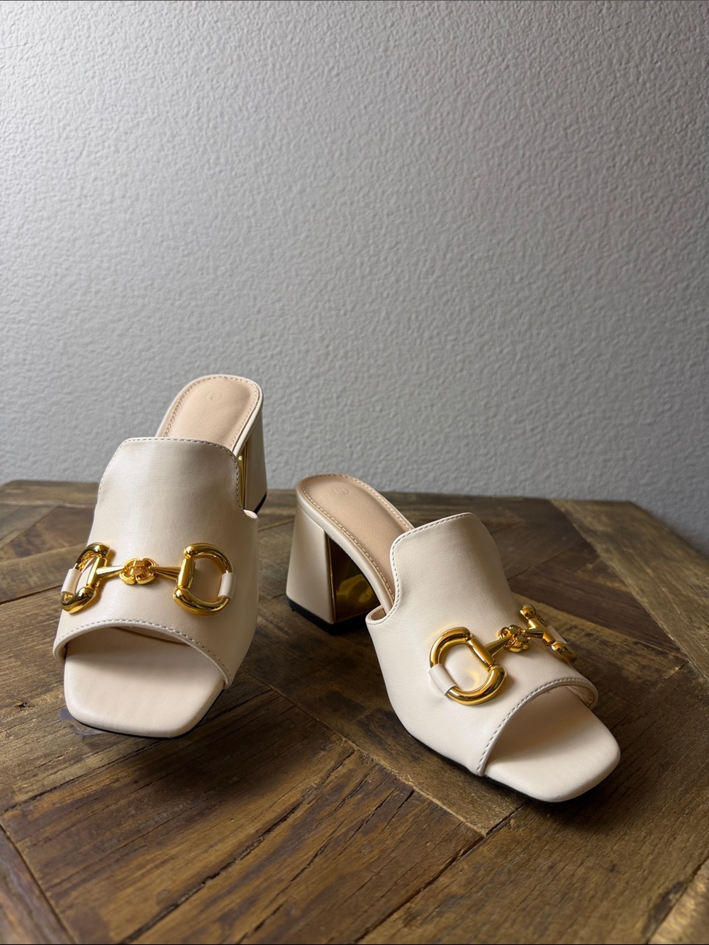 Size 6 Cream Leather Mule Heels with Gold Hardware